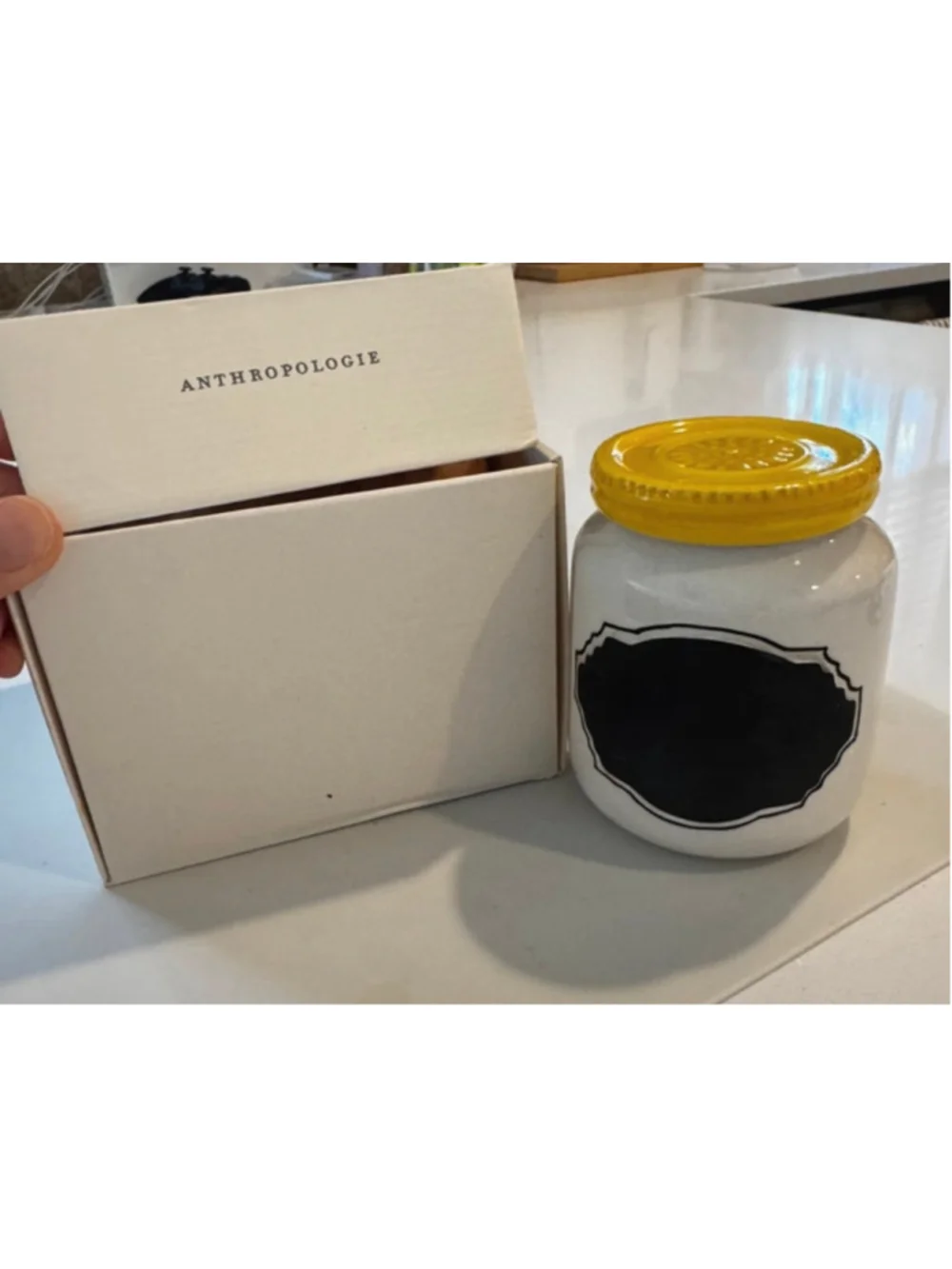 Anthropologie Ceramic Chalkboard Jar Yellow Lid w/ Box